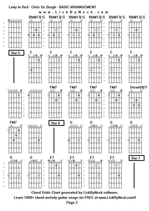 Chord Grids Chart of chord melody fingerstyle guitar song-Lady In Red - Chris De Burgh - BASIC ARRANGEMENT,generated by LickByNeck software.